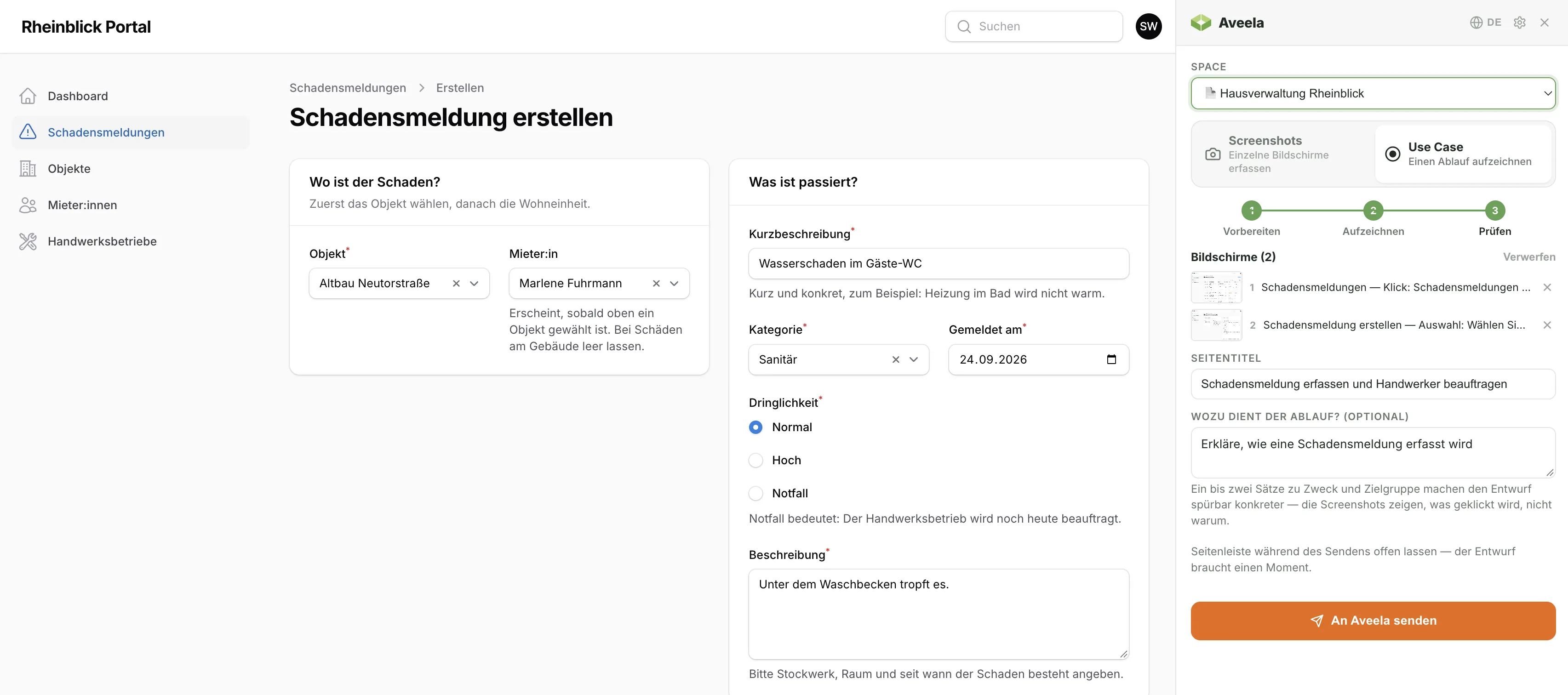 Rheinblick Portal, die Verwaltungsoberfläche einer Hausverwaltung, auf der Seite „Schadensmeldung erstellen“ mit ausgefülltem Formular, daneben die Aveela-Seitenleiste im Schritt „Prüfen“: zwei erfasste Bildschirme, Seitentitel und Zweck des Ablaufs, bereit zum Senden