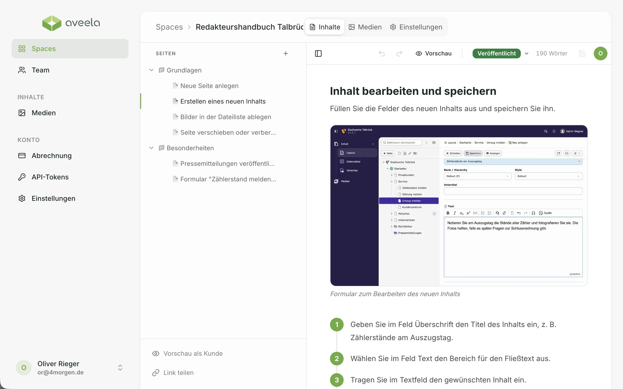 Aveela editor with the AI-written guide "Erstellen eines neuen Inhalts": the section on editing and saving the content element with an embedded TYPO3 screenshot and numbered steps, the page tree with the chapters basics and specifics on the left (interface in German)