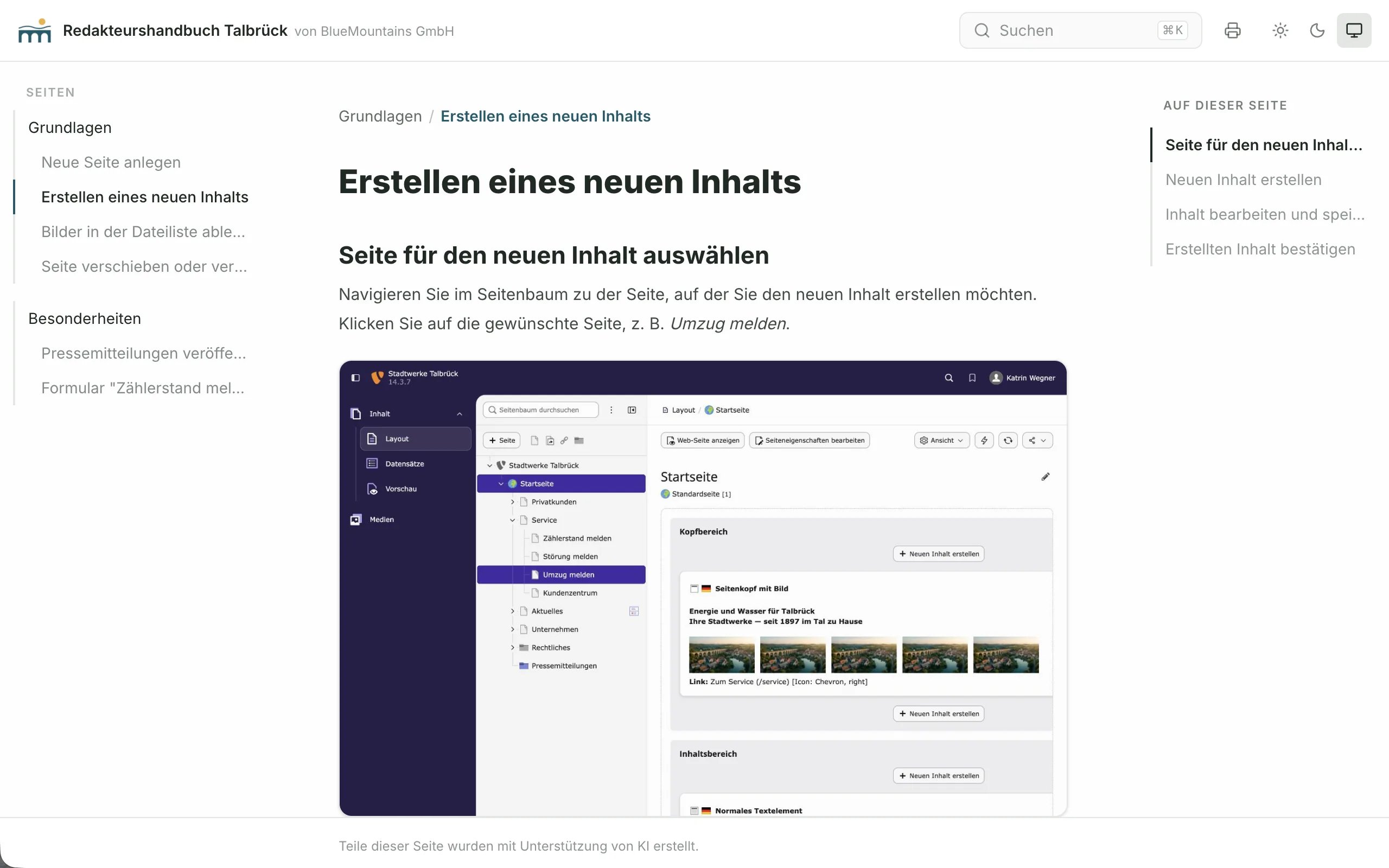 Reader portal "Redakteurshandbuch Talbrück by BlueMountains GmbH" in the utility's petrol branding: the page "Erstellen eines neuen Inhalts" (creating new content) with a screenshot of the TYPO3 page tree, the chapters basics and specifics on the left (interface in German)