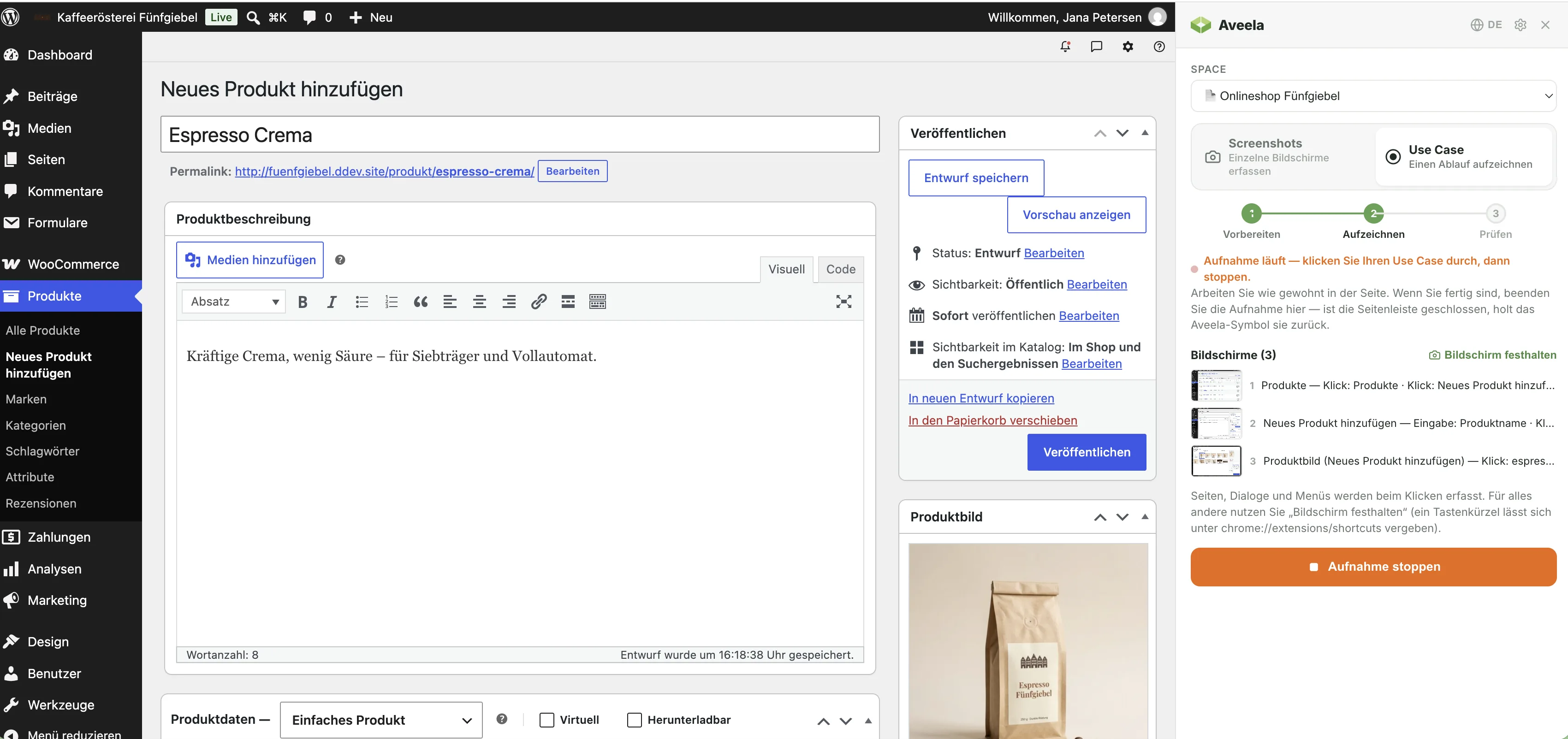 WordPress-Backend eines WooCommerce-Shops auf der Seite „Neues Produkt hinzufügen“, daneben die Aveela-Seitenleiste mit laufender Aufnahme und drei erfassten Bildschirmen