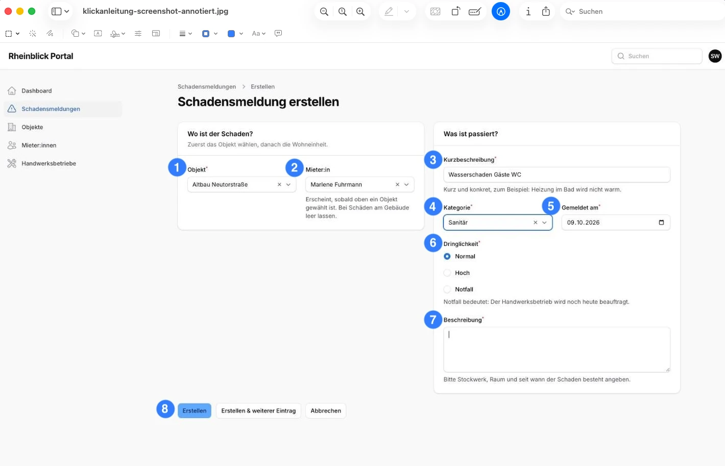 Die App Vorschau von macOS mit eingeblendeter Markierungsleiste. Darin das Formular „Schadensmeldung erstellen“ mit acht nummerierten Markierungen an den Feldern und an der Schaltfläche „Erstellen“