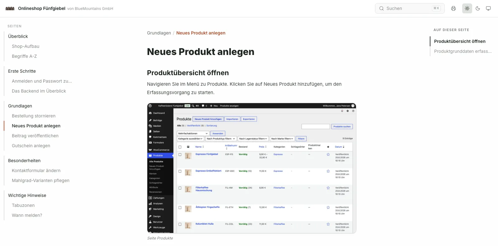Kundenportal „Onlineshop Fünfgiebel“ mit Kapitelnavigation links, Anleitung in der Mitte und Inhaltsverzeichnis rechts